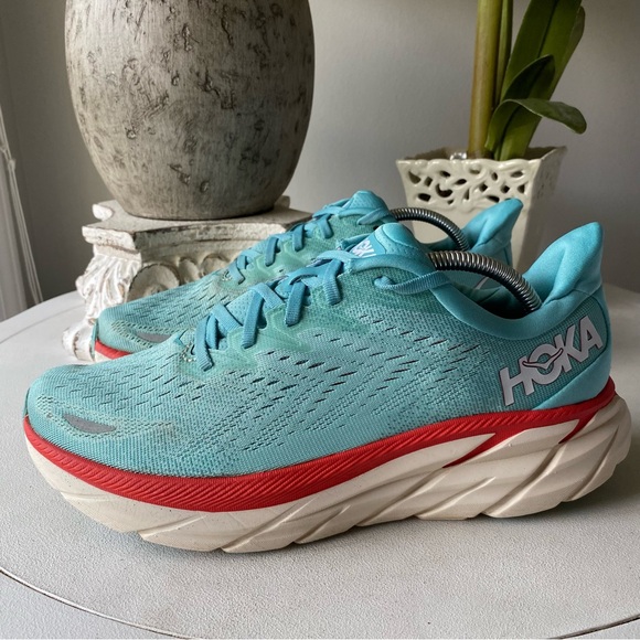 HOKA One One Clifton 8 Athletic Running Sneaker Shoe Womens 10.5D Wide Blue Red - Picture 1 of 10